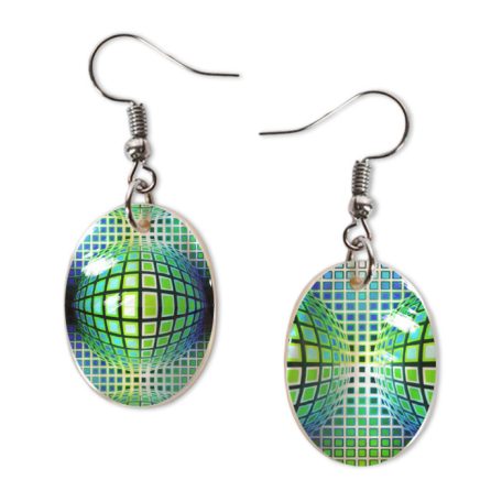 Op-art kék zöld kör kocka fülbevaló