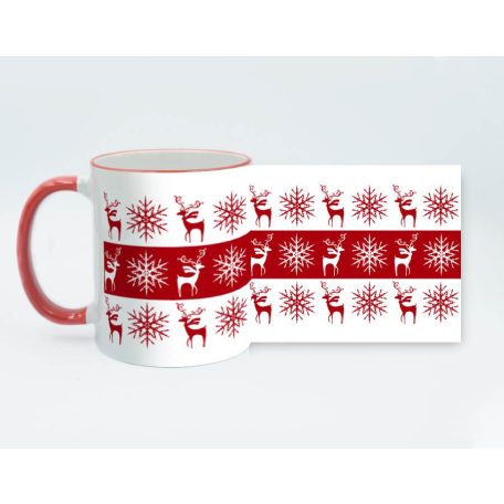 Piros karácsonyi szarvas-hópihe bögre